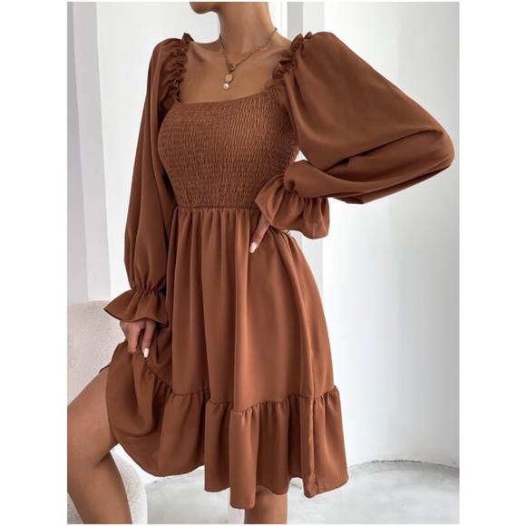 Boho Olive Flounce Ruffle Sleeve Mini Dress Minimalist - Picture 10 of 11